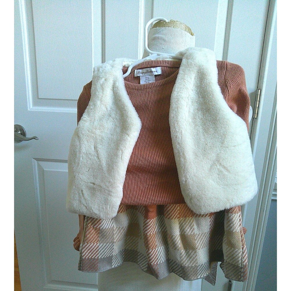 NWT Tommy Bahama  3pc Plaid Skirt Faux Fur Vest Long Sleeve Sweater Set   3T